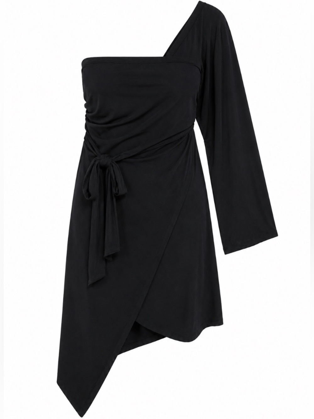 Janette Plus • Black • One-Shoulder • Asymmetrical • Wrap Midi Dress • 1X